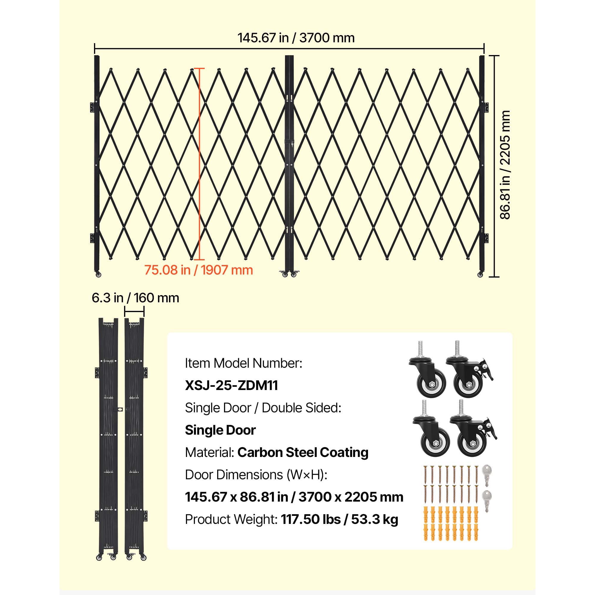 KFFKFF Double Folding Security Gate, Lockable Scissor Gate with Swivel Casters, Steel Retractable Barrier for Entry, Garage, Warehouse, and Pool, 145.67 x 86.81 in (W x H)