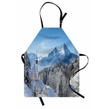 Winter Apron Snowy Bavaran Alps with Maria Gern with Famous Watzmann Massif Scenes from Germany, Unisex Kitchen Bib Apron with Adjustable Neck for Cooking Baking Gardening, Blue White, by Ambesonne