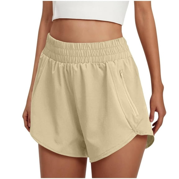Running Shorts for Women, Audhol Women's Athletic Shorts High Waisted Running Solid Shorts with Zip Pocket Side Split Short Gym Elastic Workout Pants Athletic Shorts for Women Beige L