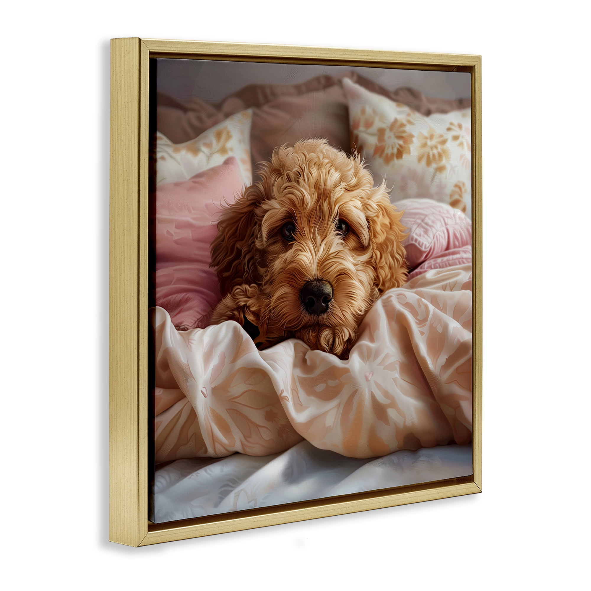 Stupell Industries Nap Time Cuddling Pup Animals Painting Gold Floater Framed Canvas Art Print Wall Art, 18 x 18