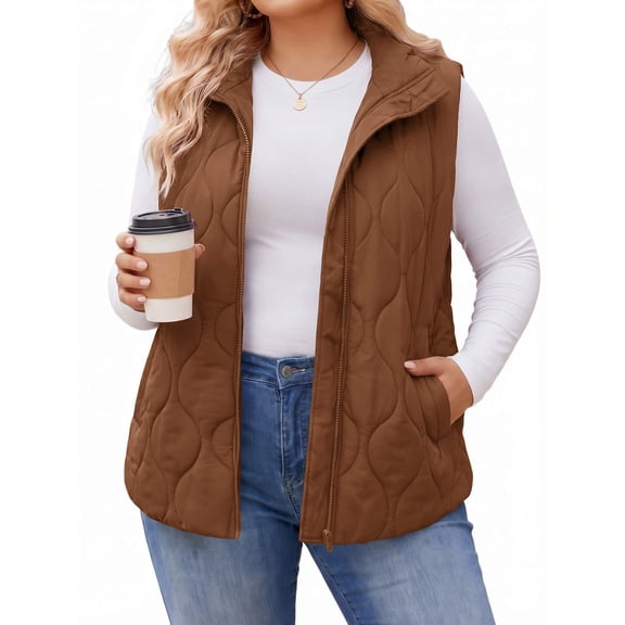 Weardear Women Plus Size Puffer Vest Lightweight Quilted Jackets Stand Collar Sleeveless Jacket with Pockets