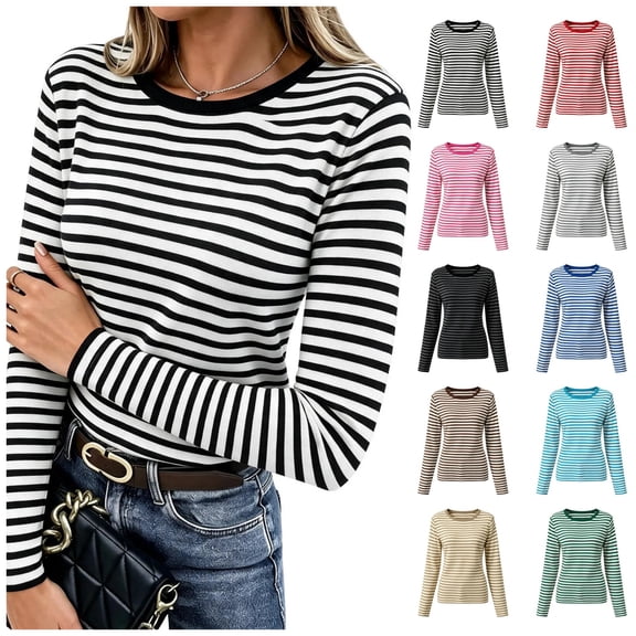 vzibsiv Womens Tops Long Sleeve Striped Crew Neck Slim Fit Knit Tee with Ribbed Cuffs Size L