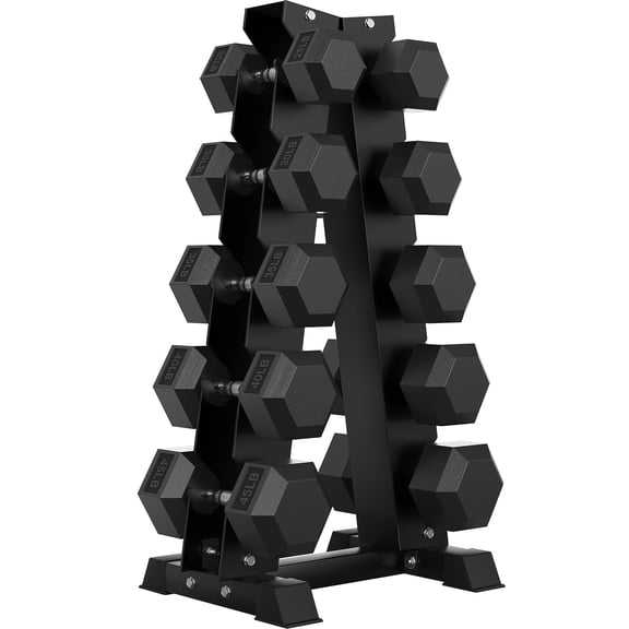 HANDBODE 350 lb Dumbbell Set Rubber Encased Hex Dumbbell Free Weights Dumbbells Set Home Weight Set with Enlarged A-Frame Rack (Pair of 25/30/35/40/45 lb)