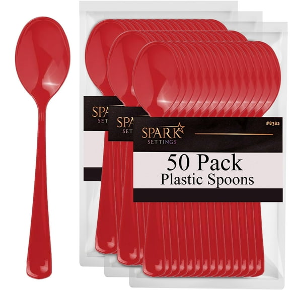 Red Plastic Spoons Disposable 50 Pack, Heavy Duty Plastic Silverware, Plastic Cutlery Ideal for Hot and Cold Food, Plastic Utensils for Home Office School Party Picnics Weddings - SparkSettings