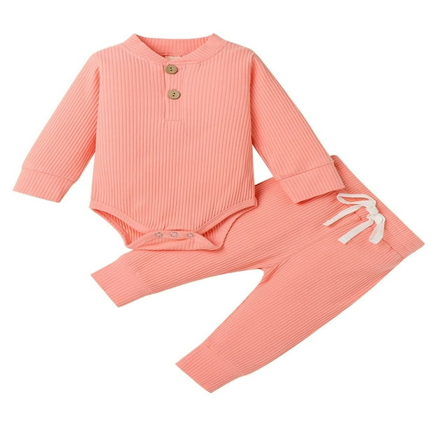 Newborn Baby Boy Girl Clothes Ribbed Knitted Romper Long Pants Fall Winter Suit Dark Gray 0-3 Months
