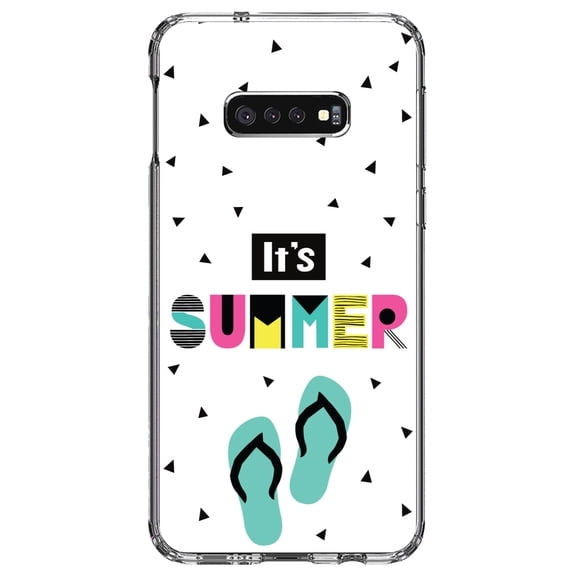 DistinctInk Clear Shockproof Hybrid Case for Samsung Galaxy S10e (5.8" Screen) - TPU Bumper, Acrylic Back, Tempered Glass Screen Protector - Summer Graphics - It's Summer Cartoon Flip Flops