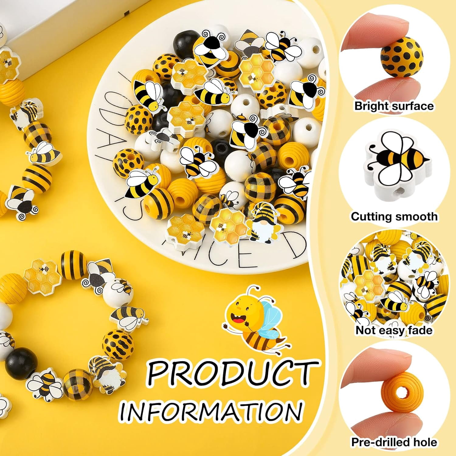 130 Pieces Wood Colorful Painted Spring Loose Beads, Decorative Craft Beads, Polished Bee Wood Beads, Round Rustic Beads with Rope for DIY Garland Making Party Decor