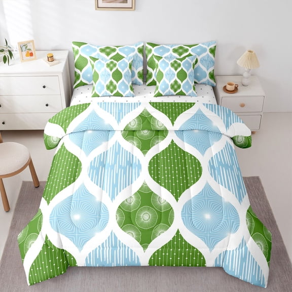 Homewish Bohemian Swirl Lines 7-Piece Twin Bedding,Modern Geometric Bedding Comforter Set,Blue Green,Reversible