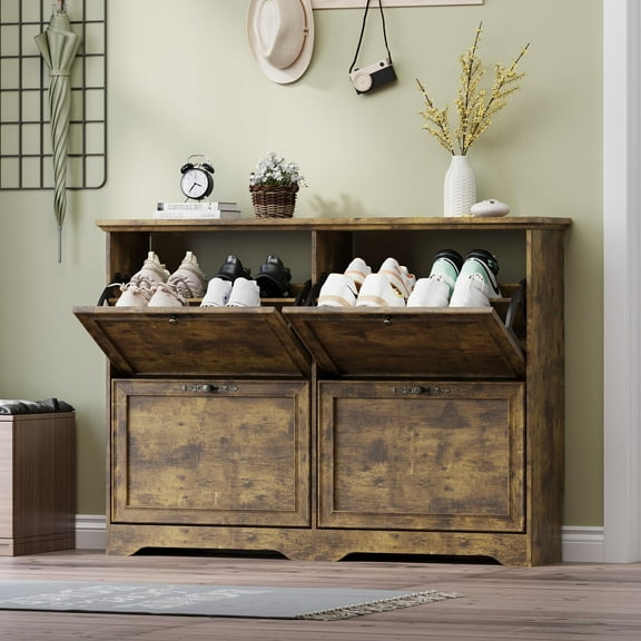 FANRAL Shoe Cabinet with 4 Flip Drawers,Adjustable Shelves Wooden Slim Shoe Storage Cabinet and Rack for Entryway,Brown
