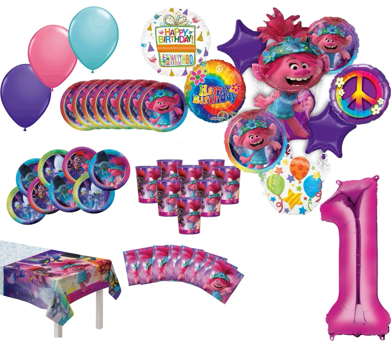 Trolls World Tour Party Supplies 1st Birthday 8 Guest Table Decorations and Poppy Balloon