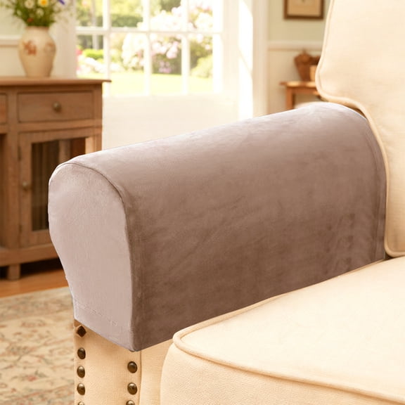 2PCs Elastic Sofa Armrest Covers, Thickened Stain-Resistant Fabric Slipcovers, Uncomplicated Solid Color Home Furniture Protector,Stretch Fit for Curved, Square, Wide Armrests, Machine Washable