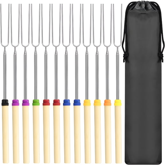 BPPEG 12 Pack Marshmallow Roasting Sticks Set,Extendable 32In Long Metal Barbecue Skewers with Wooden Handle,For Marshmallow,Hot Dogs,Camping,Bbq,Grill