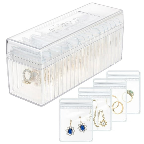 HOMEHIVE Caja organizadora de joyas de acrílico, organizador y almacenamiento de joyas transparente con 20 bolsas de joyería portátiles antideslustre, estuche de joyería de viaje para pendientes/anill