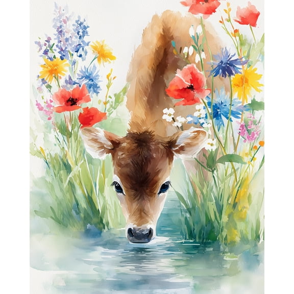 Paint by Numbers for Adults Kids Beginner Calf Drinking from the Stream in the Flower Field DIY Acrylic Painting by Numbers Kits with Brushes Acrylic Pigment Home Decoration Gifts 16 x 20 inch