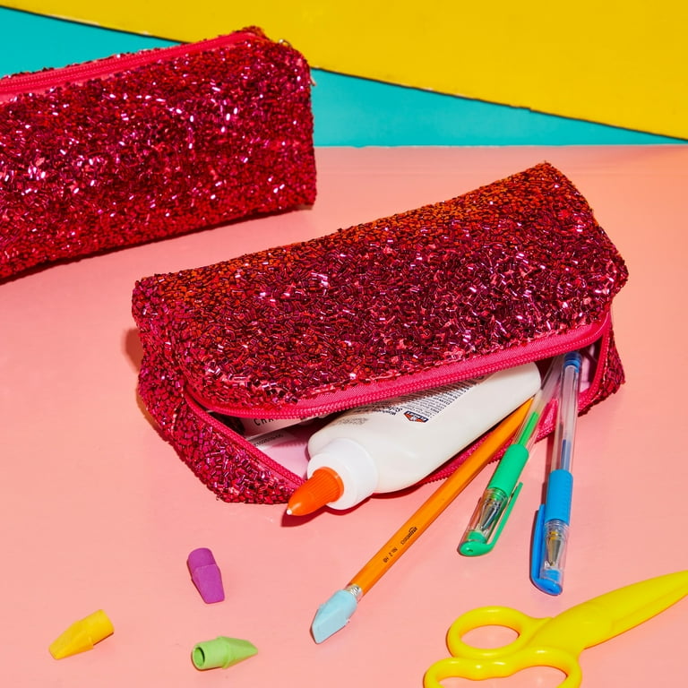 2 Pack Fabric Glitter Travel Makeup Bag for Women Toiletry Cosmetic Pouch Metallic Pink