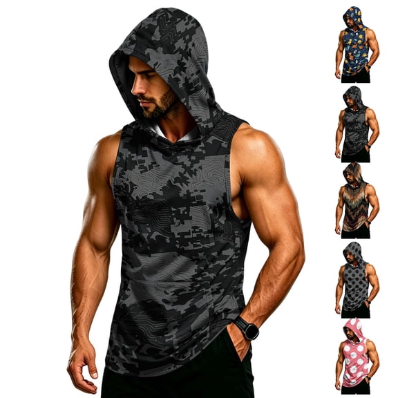 Digital Camo Sleeveless Hoodie For Men, Muscle Fit Pullover Tank with Kangaroo Pocket - Quick-Dry Workout Vest for Gym & Bodybuilding Blue L