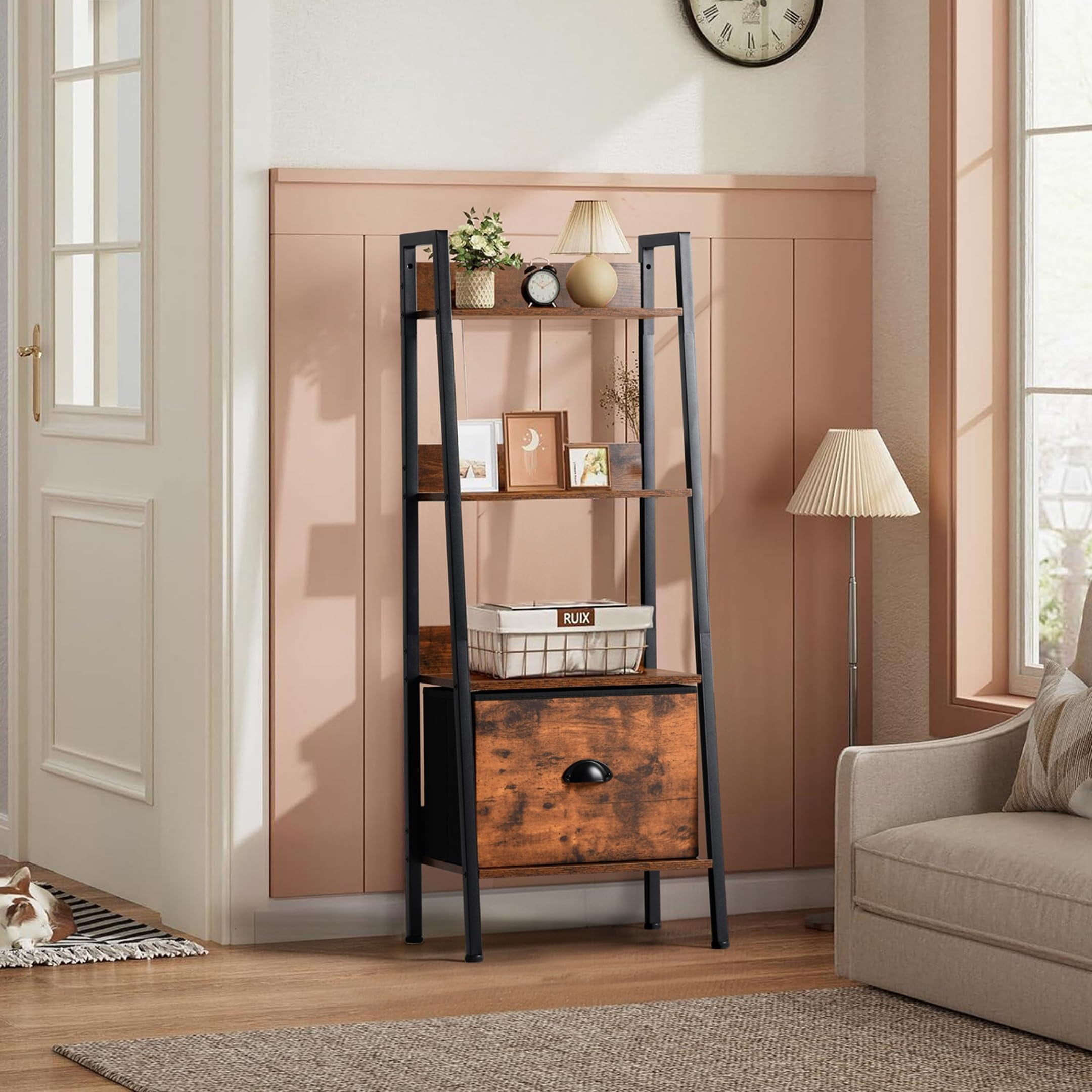 3 Tier Ladder Shelf with Removable Drawer, Bookshelf Bookcase Storage Rack Organizer, Freestanding Storage Shelf for Living Room, Home Office, Bedroom, Brown
