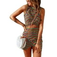 thumbnail image 1 of Seyurigaoka Women Summer Sleeveless Round Neck Beach Dress, Stripes Irregular Hem Bodycon One-Piece, Hollow-Out Cocktail Party Mini Dress, 1 of 3