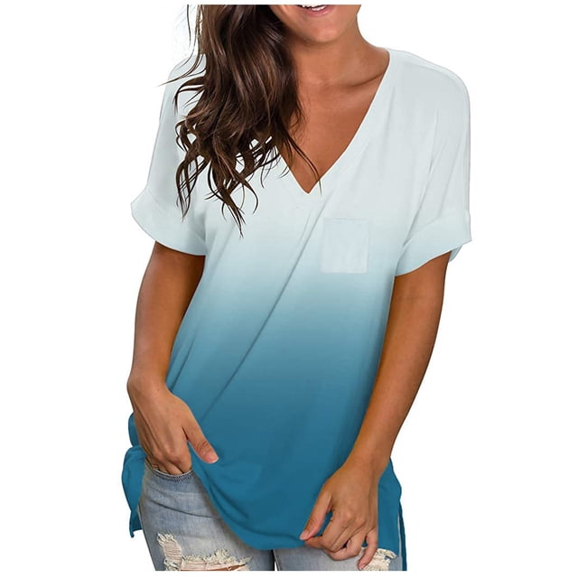 ICHUANYI Clearance Women's Fashion Pockets Casual Gradient V-neck Short Sleeve Loose T-shirt Tops(Light Blue, M) ICHUANYI WER2023081003999