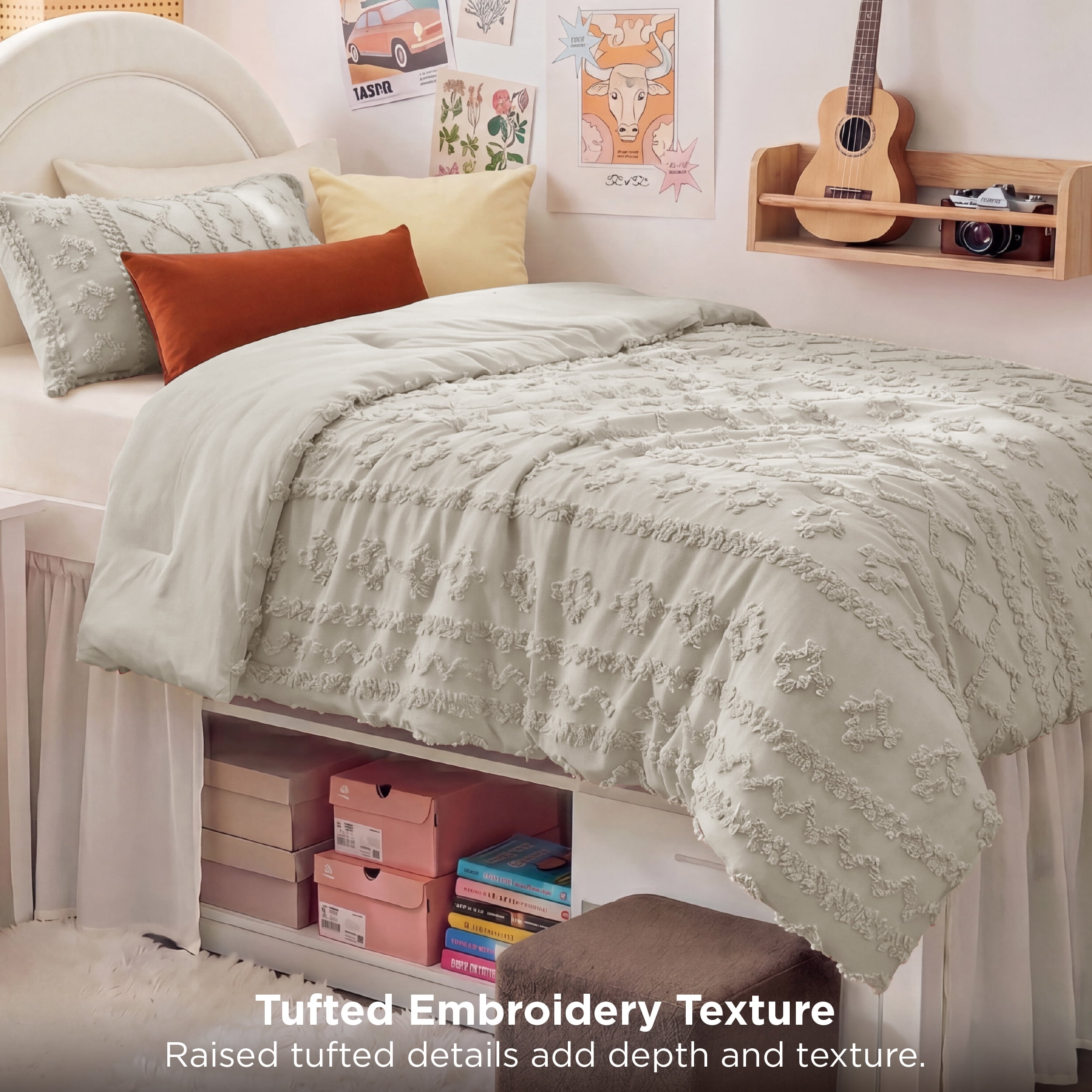 U by Bedsure Tufted Boho Twin XL Comforter Set, 2 Pieces Farmhouse Shabby Chic Embroidery Bedding Set, Soft Jacquard Linen Comforter for All Seasons, Twin, Natural