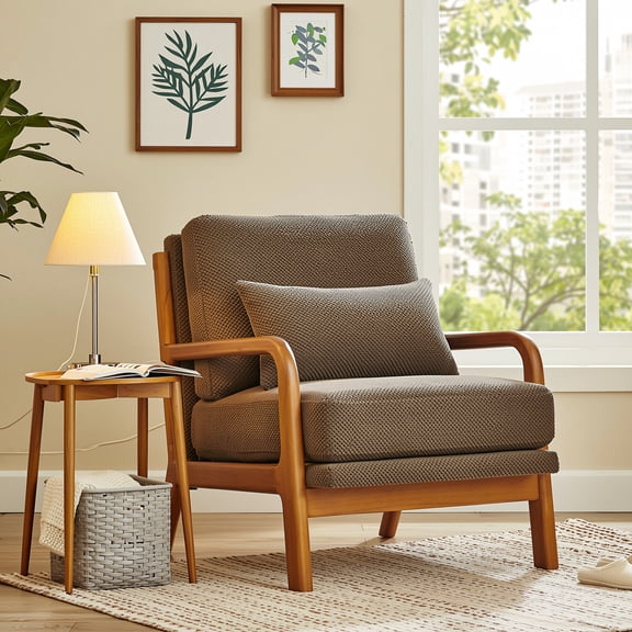 Homy Casa Mid-Century Modern Accent Chair, Nubby Upholstered Armchair with Solid Wood Frame, Brown