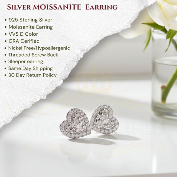 King of Bling's 1.50ct Moissanite White 925 Sterling Silver Women's Heart Shape Nugget Earrings