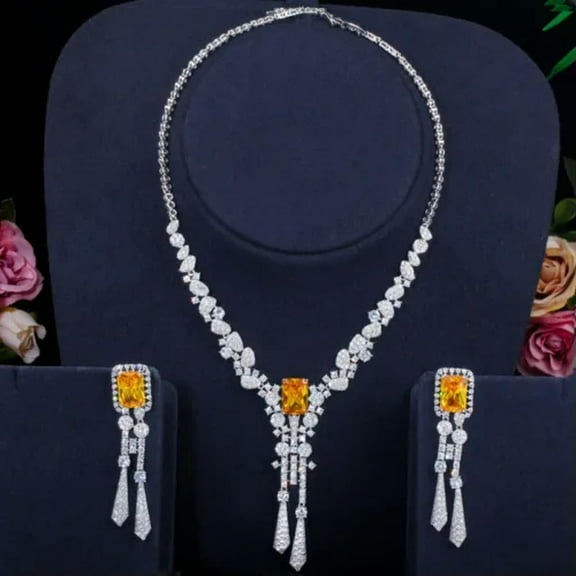 Square CZ Long Tassel Drop Bridal Wedding Costume Jewelry Necklace Earring Set