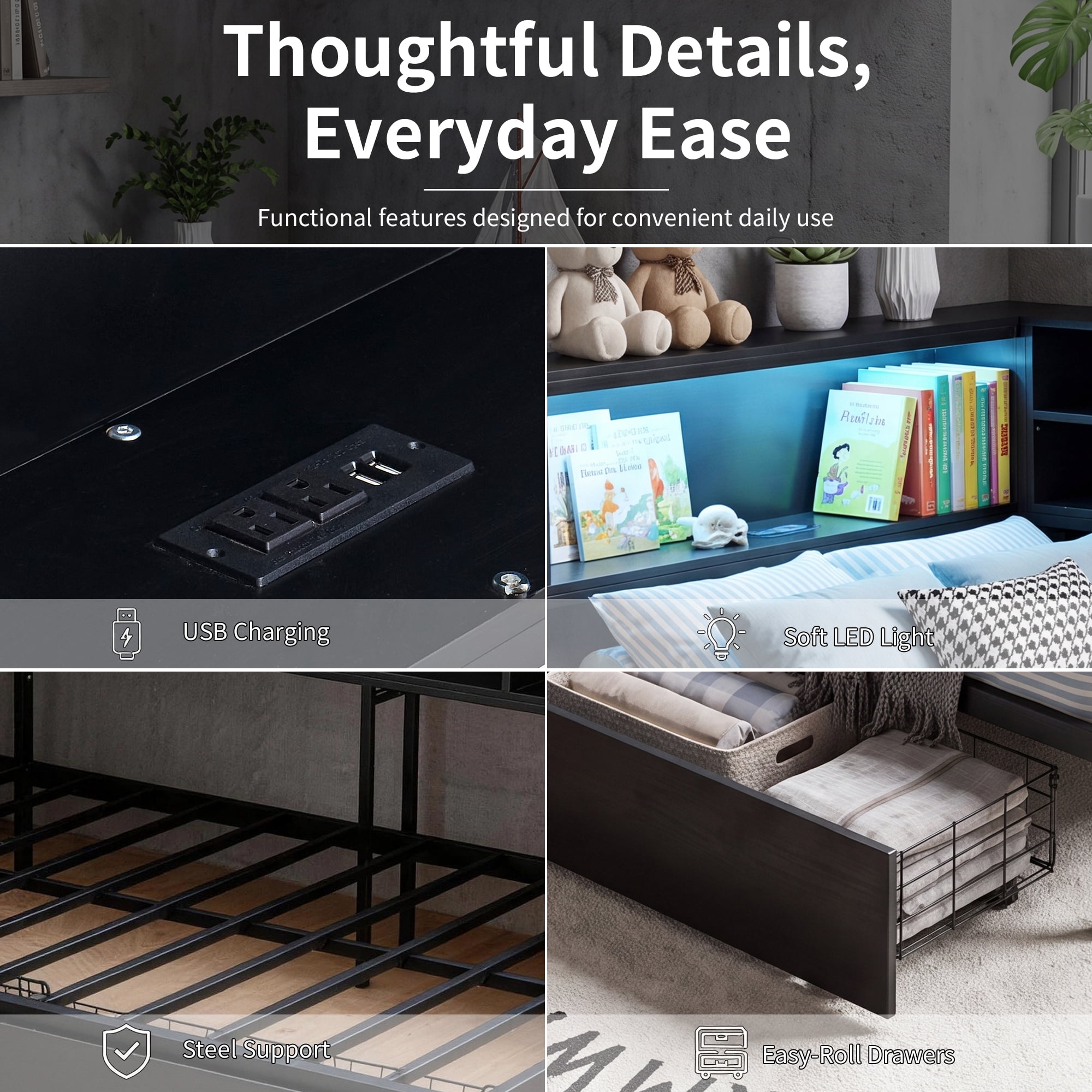 Leumius Corner Bed Frame with Storage Bookcase, Full Daybed with LED Lights & 2 Drawers, Metal Platform Bed with Headboard and Charging Station for Bedroom Guest Room Black