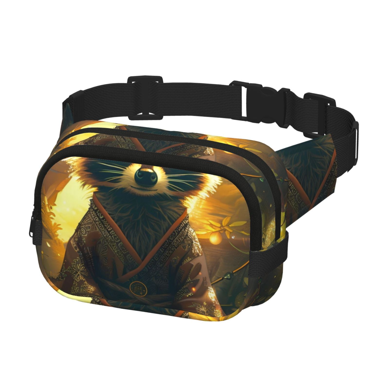 Picia Tree Meditating Raccoon Print Square Double-Layer Waist Bag Mini Adjustable Waist Belt Bag Exercise Running Travel Hiking