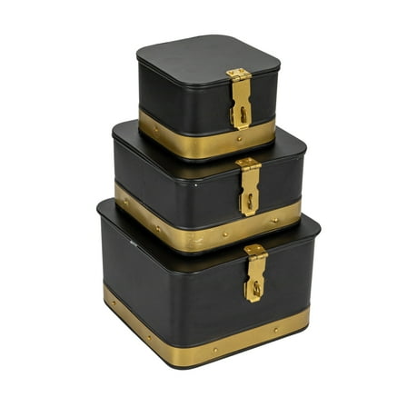 Creative Co-Op Decorative Metal Boxes with Lid, Black with Gold Band, Set of 3