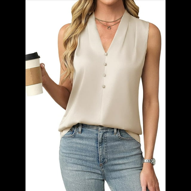 Camiseta Sin Mangas de Verano para Mujer, de Satén de Seda, con Cuello en V, Informal, de Negocios, Color Albaricoque XXL