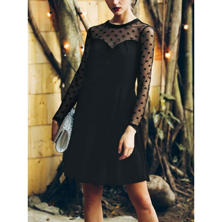 Unique Bargains Women s Crew Neck Mesh Heart Polka Dots Sheer