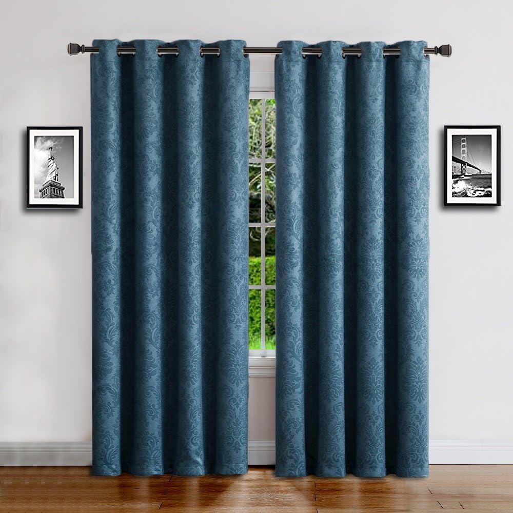 WARM HOME DESIGNS 1 Pair (2 Panels) of Blue Teal Blackout Curtains with Embossed Textured Damask Flower Pattern. EV TEAL 2x54x63