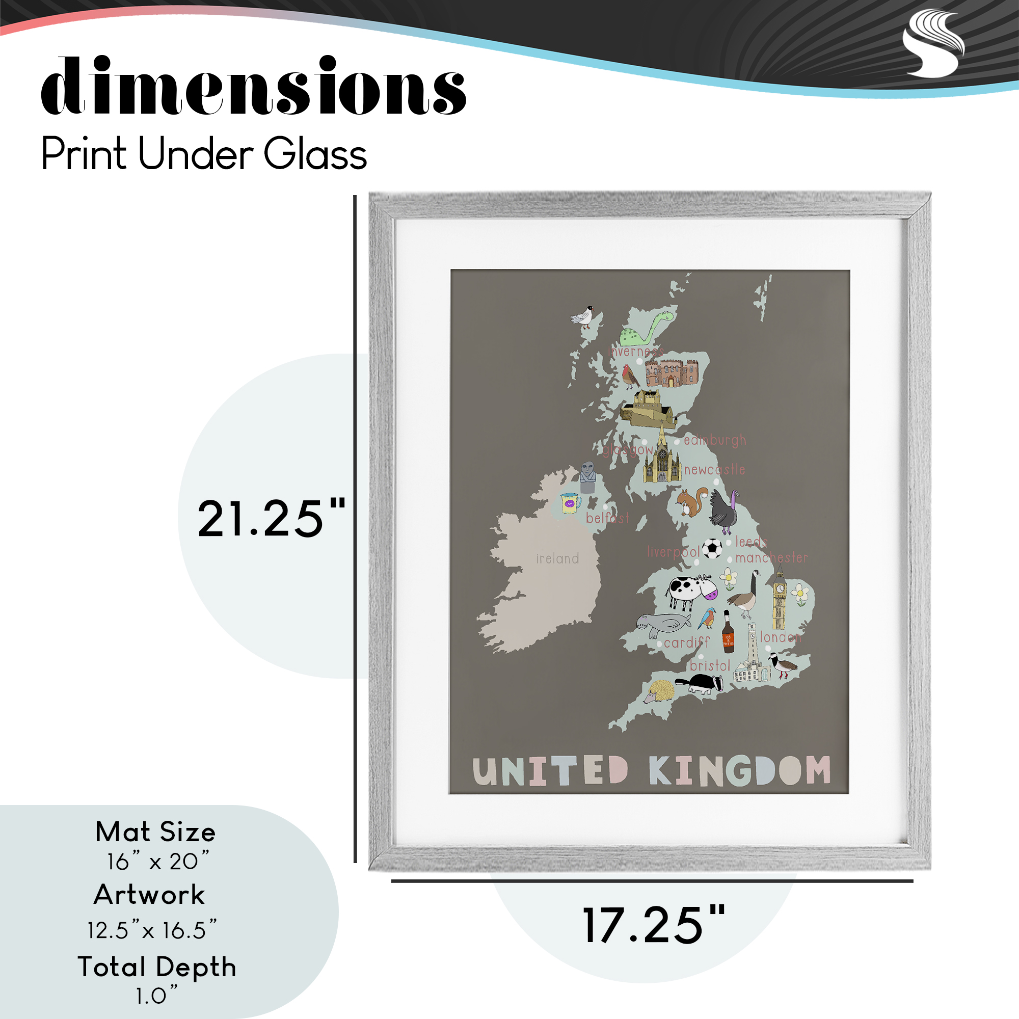 Kid's Map of United Kingdom Gray Framed Print Under Glass, design by Carla Daly