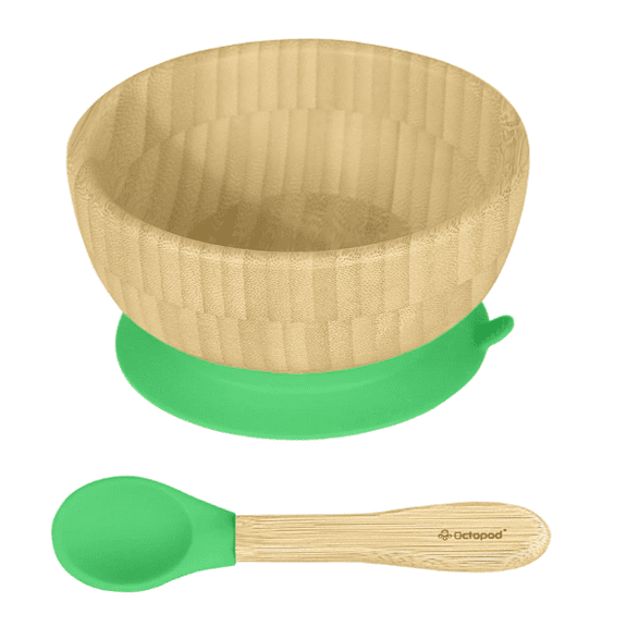 Abiie Octopod Bamboo Suction Bowl -  Baby Bowl with Suction for 4 months and up, High-Chair Bamboo Baby Plate, Mess-Free Toddler Suction Plates, Ergonomic Baby Feeding Supplies - (Green)