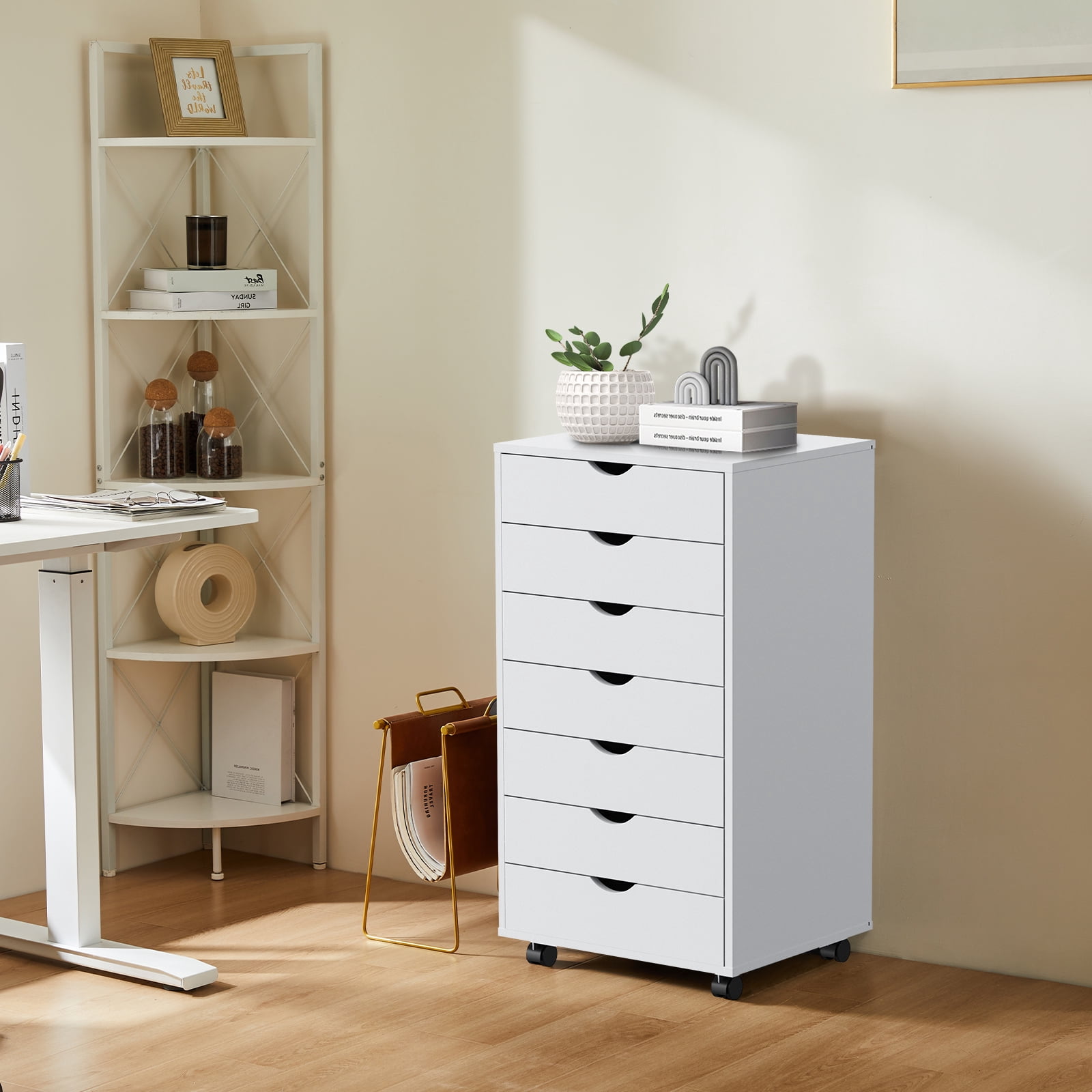 JOINSUN 7-Drawer Dresser, Wood Storage File Cabinet with Wheels and Drawer Organizer for Bedroom Closet, White