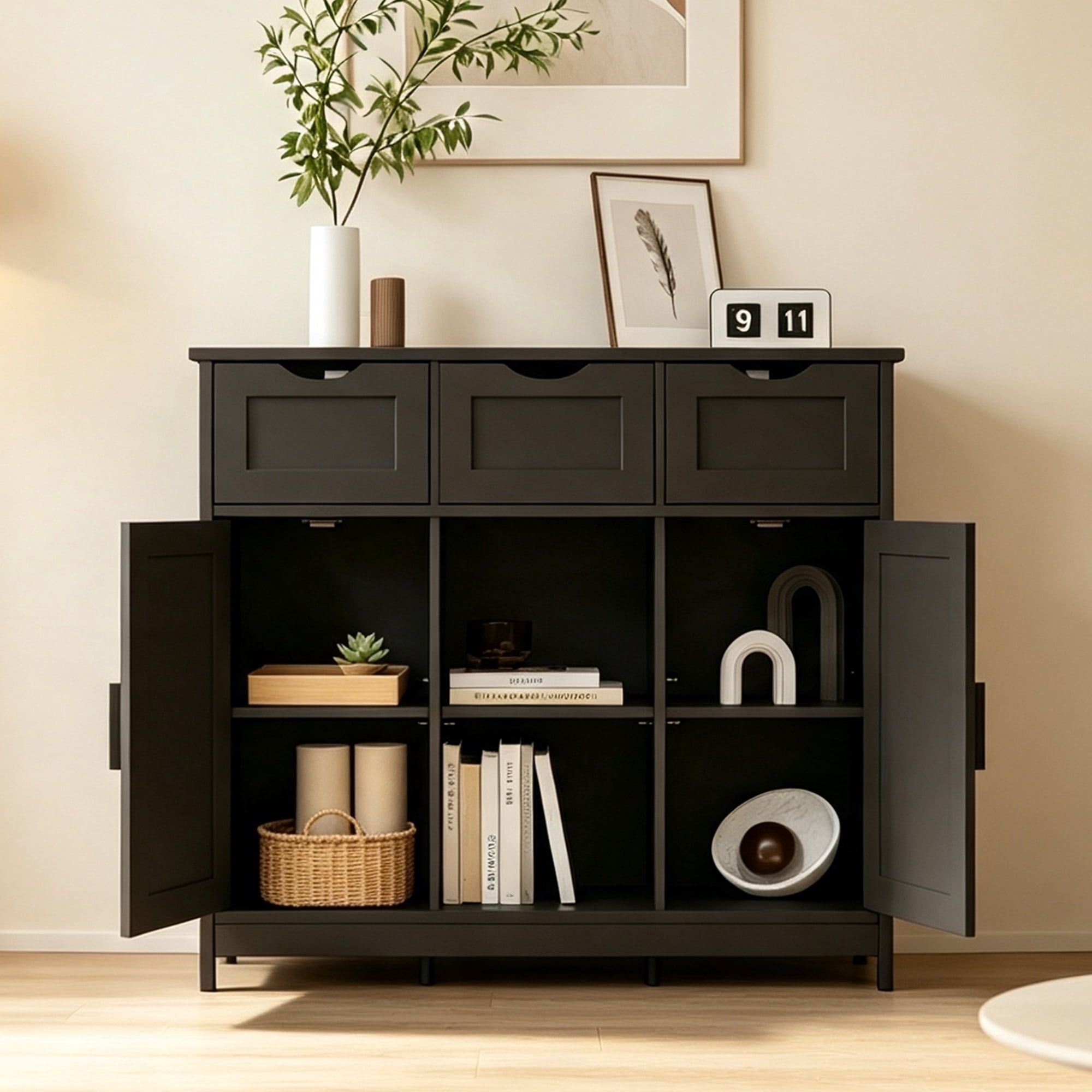 GARITIN Storage Cabinet with Drawers & Shelves, Wooden Floor Cabinet with 3 Drawers, 2 Doors & 3 Adjustable Shelves for Living Room Bedroom Bathroom, Black