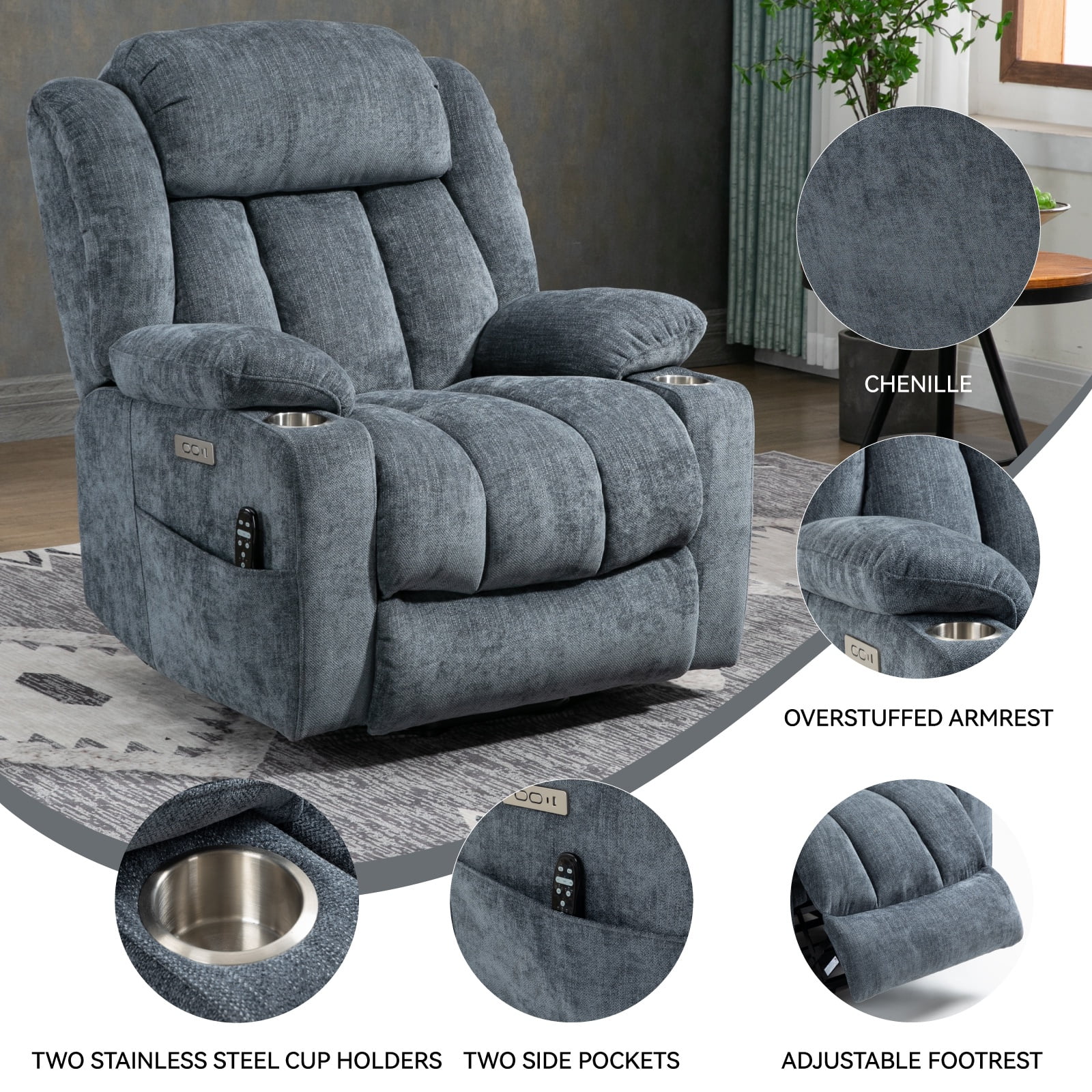 Power Lift Recliner Chair for Elderly with Massage & Heat, Heavy Duty 350 lbs Capacity,Electric Reclining Chair with USB Ports, Cup Holders, Pillow Top Arms, Medium-Firm Blue Chenille