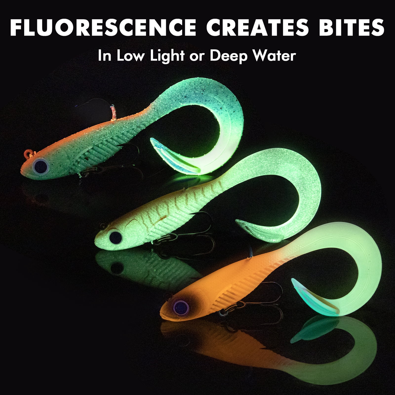 TRUSCEND Duramax Soft Fishing Lures with BKK Hooks, Easy Catch Curly & T-Tail for Trembly Sinking & Vibrating Swim, UV or Glow Effect for All Conditions, Pre-rigged Swimbait for Bass Trout Crappie