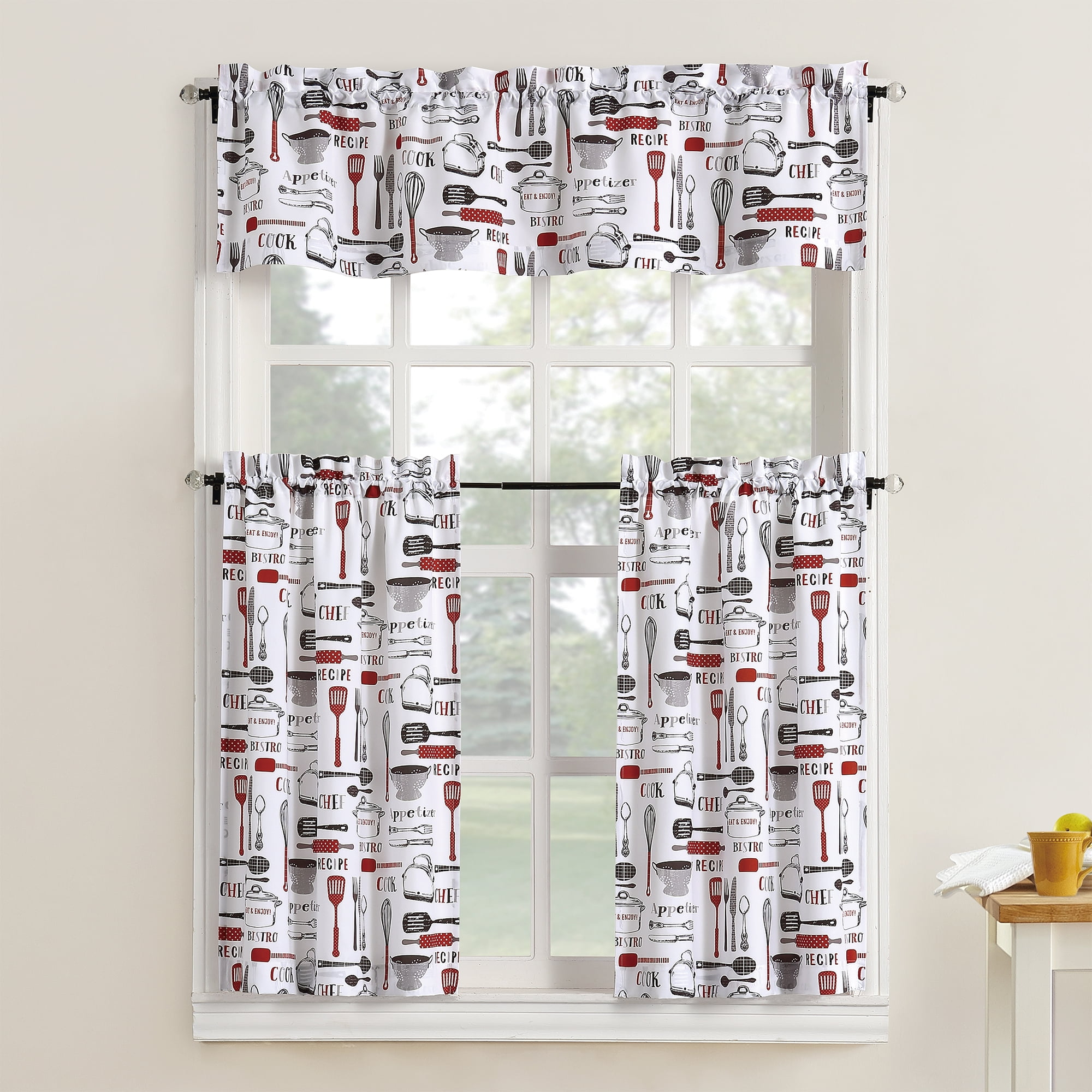 3-Piece Kitchen Curtain Tier Valance Set Welcoming Country-Chic Look Red Teal 