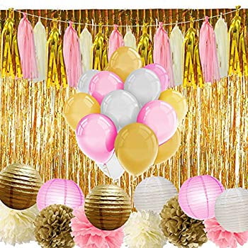 Pink and Gold Party Supplies with Balloons Tissue Flowers Paper Lanterns Tassel Garland Fringe Curtain for Baby Shower Girl Birthday Decorations