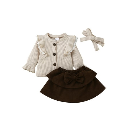 

Calsunbaby 3PCS Toddler Infant Baby Girls Long Sleeve Button Down Knit Tops Bow Skirt Headband Set