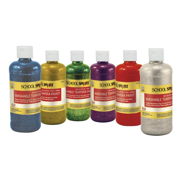 School Smart NonToxic Washable Tempera Paint Set, 1 pt 1 pt Plastic Bottle, Assorted Glitter