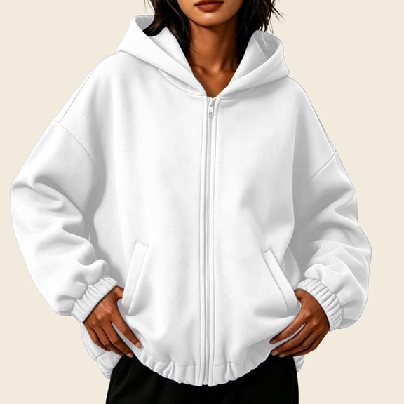 DailyTrove Women Full Zip Cropped Hooded Jacket Oversized Long Sleeve Dual Side Pocket Solid Fleece Hoodie