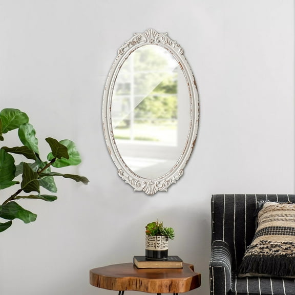 Sintosin Antique Wall Mirror 24" x 14", Distressed White Vintage Wood Ornate Glam Oval Mirrors for Living Room, Bathroom, Entryway & Bedroom Decor
