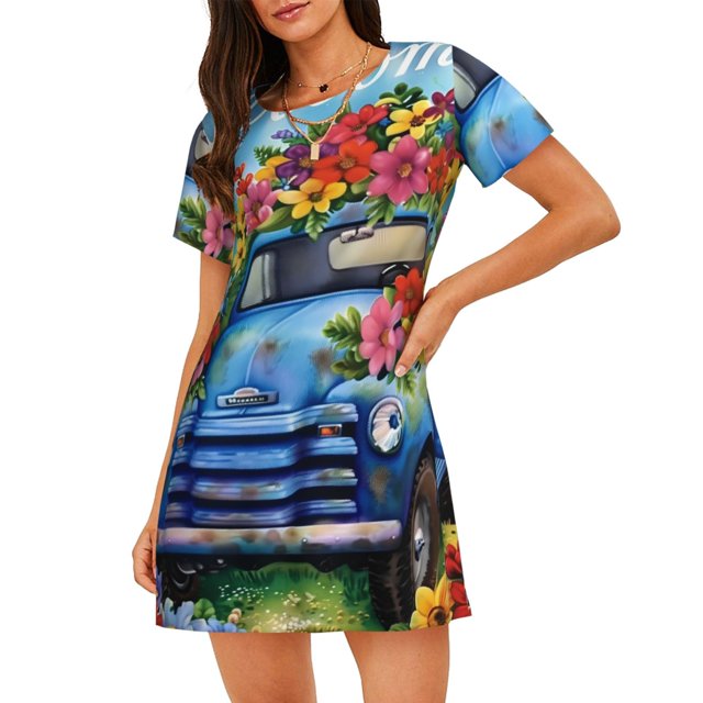 Disketp Floral Truck Welcome para Camisón Corto de Manga Corta para Mujeres, Camisón Cómodo con Escote Redondo, Bonito y Confortable