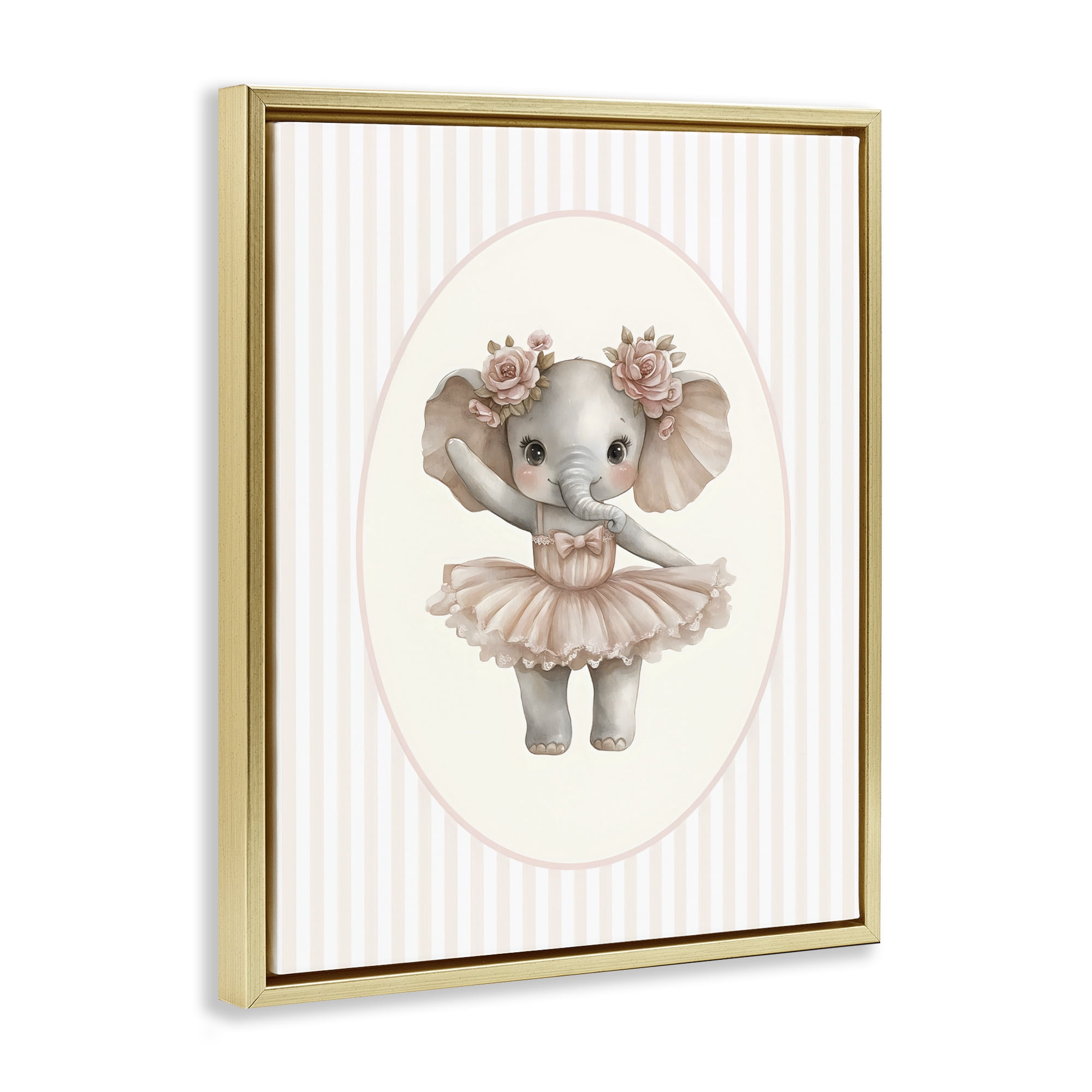 Stupell Industries Nursery Ballerina Elephant Striped Gold Framed Floater Canvas Wall Art, design by LSR Design Studio