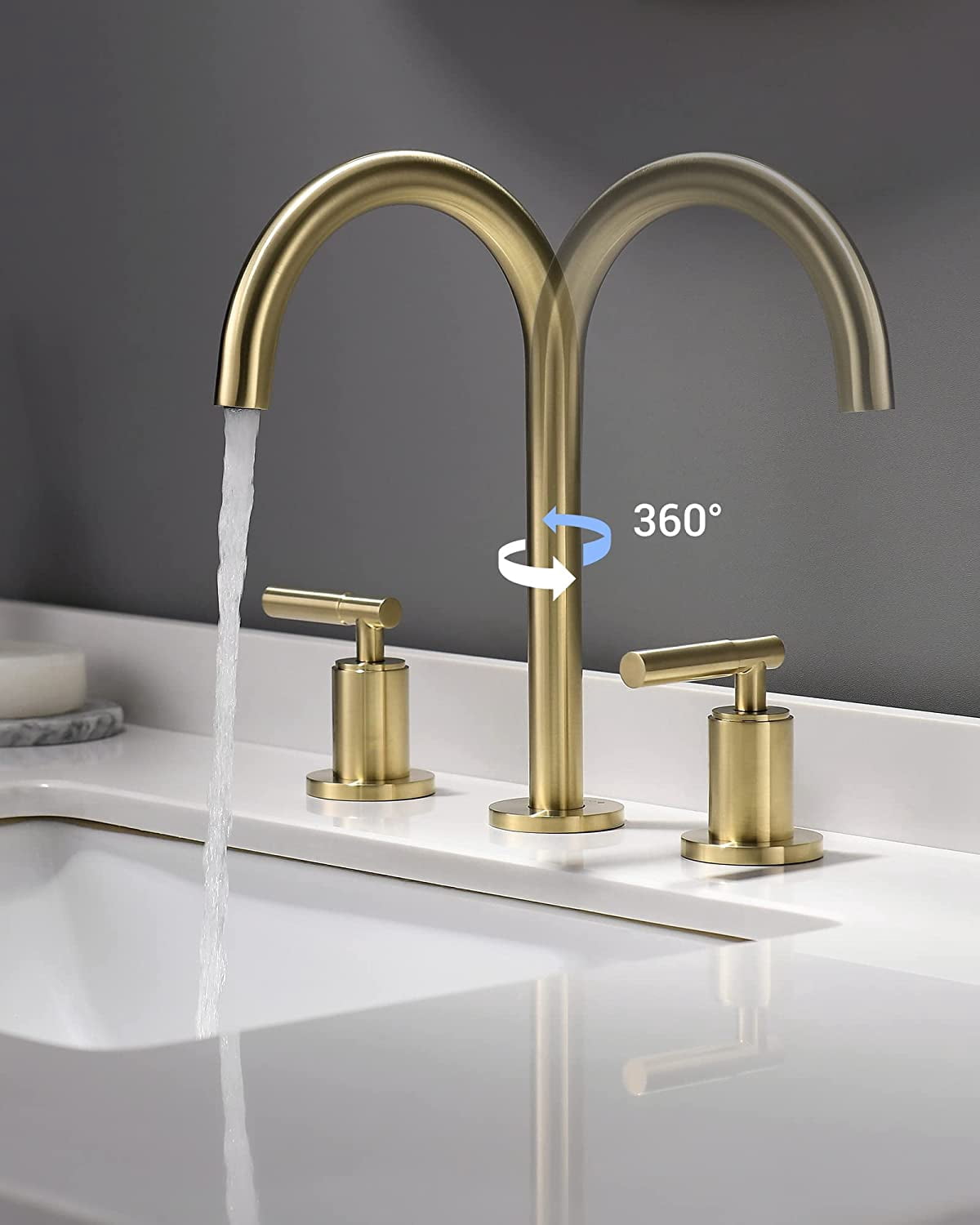 Brushed Gold Bathroom Faucet, Indare Two Handles 360° Swivel Spout Widespread 4Inch 8Inch Brass Bathroom Sink Faucet 3 Hole with Pop-Up Drain and Water Supply Lines