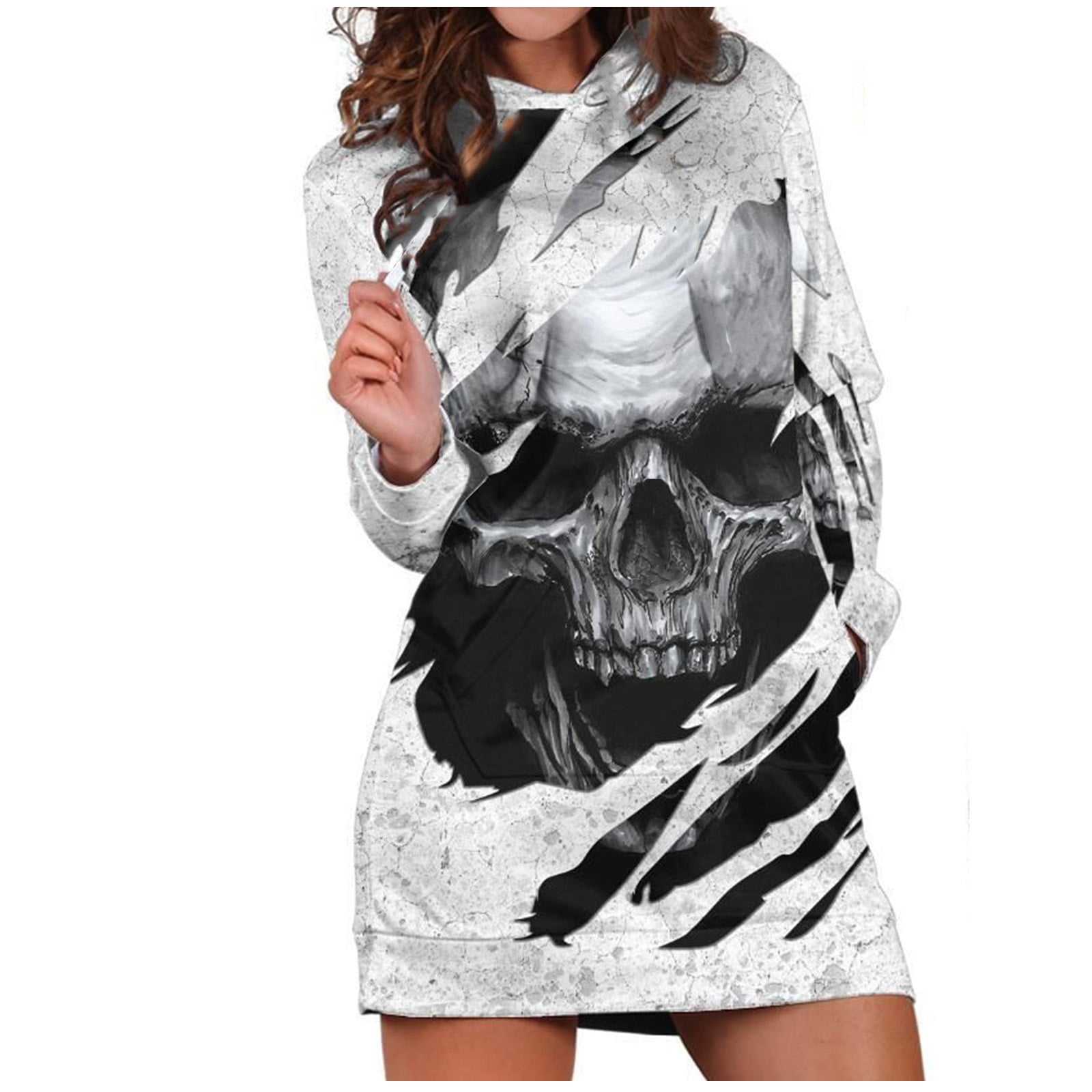 CEHVOM Summer Dresses for Women 2022 Women's Hooded Skull Print Pocket Sweatshirt  Dress - Walmart.com
