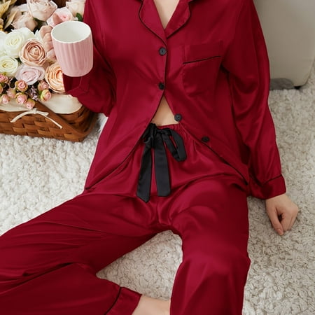 

Elegant Comfortable Satin Sleepwear Lightweight Button Up Blouse Pajama Top & Elastic Waistband Pajama Pants Women‘s Loungewear & Sleepwear